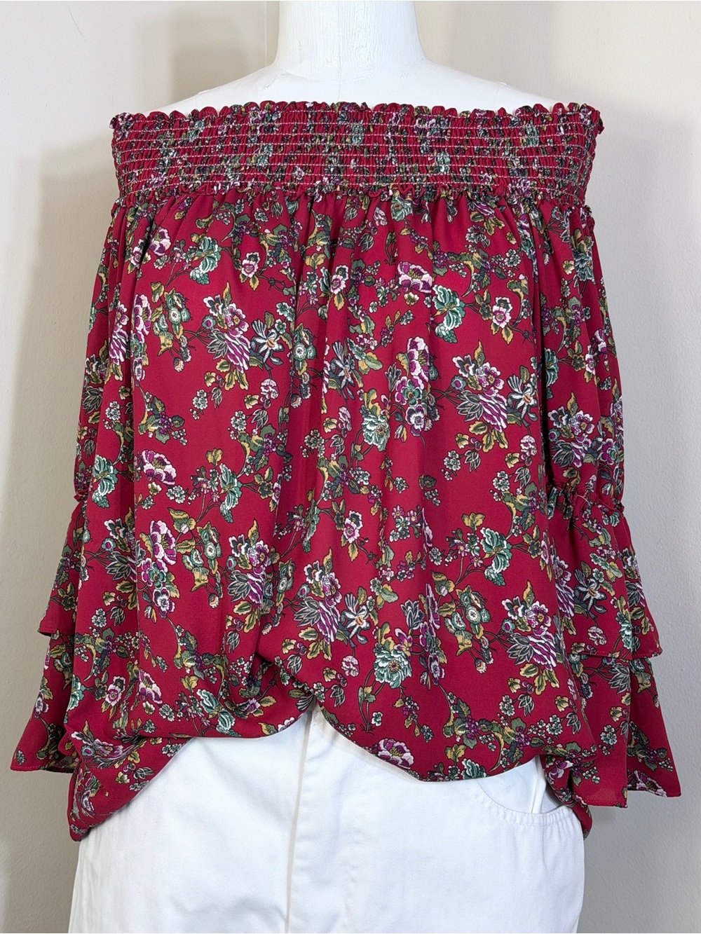 Max Studio Blouse Deep Red Smocked Neckline Off Shoulder 3/4 Tiered Sleeve